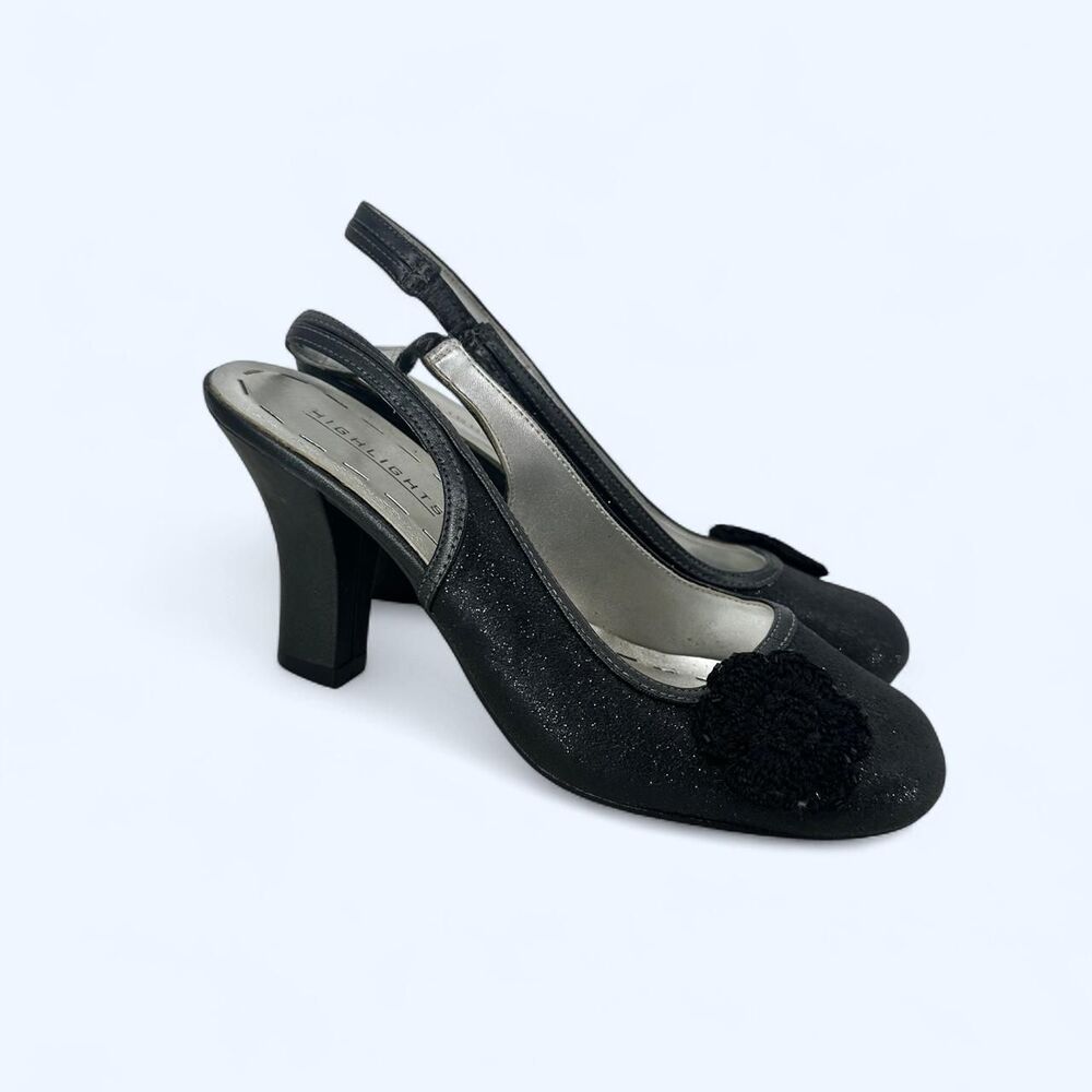 Black Glitter Slingback Pumps Round Toe Crochet Flower Dress Heels NWOT
